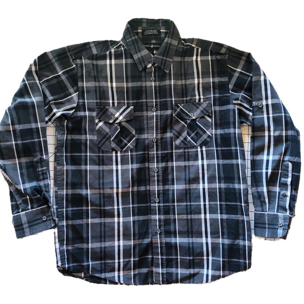 Beverly Hills Polo Club Men Shirt Long Sleeve Black White Plaid Button Size L